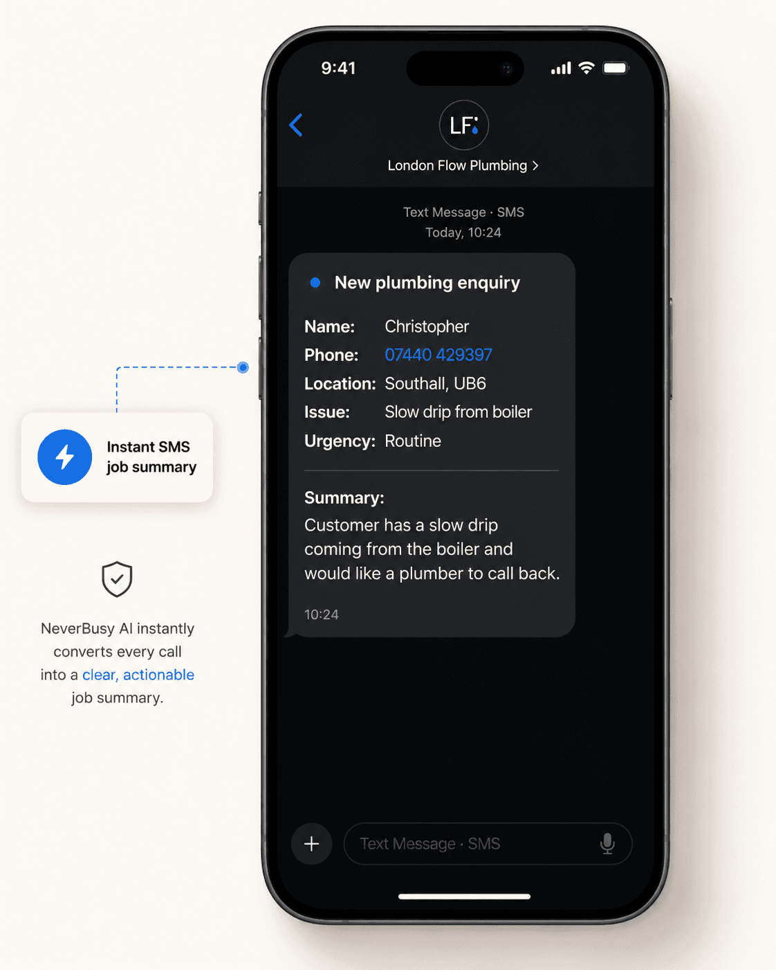 iPhone showing an SMS job summary from NeverBusy